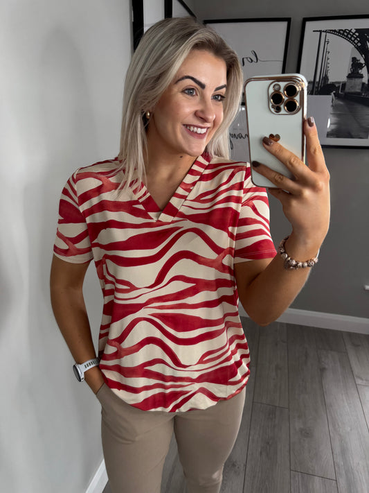 Yest Beige/Red Print Blouse